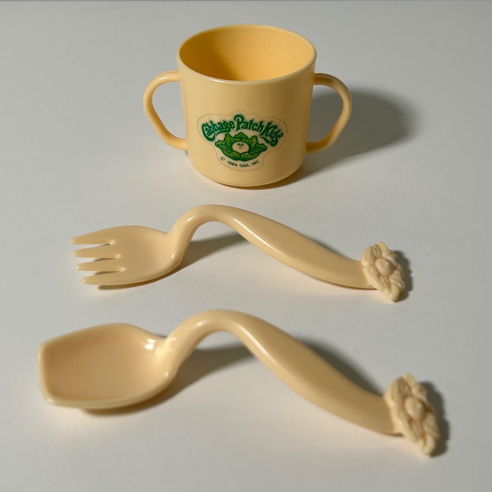 Vintage 80s Cabbage Patch Kids Doll Cup and Utensils Set of 3 Made in Hong (21C)